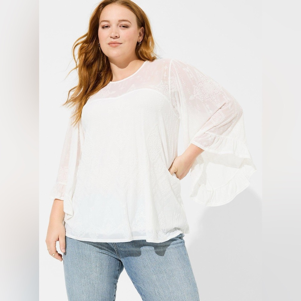 Torrid Flocked Mesh Crew Neck Bell Sleeve Swing Top